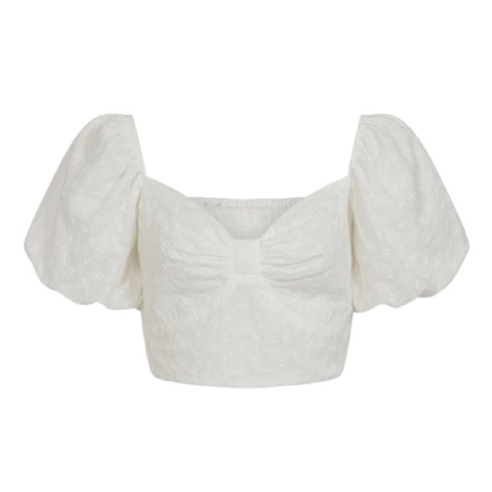 Collectif White Eyelet Bubble Sleeve Cottagecore Peasant Crop Top Blouse
